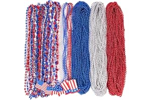 MOON BOAT 72PCS 4th of July Accessories Necklaces: Blue White and Red Beads Bulk, Patriotic Party Independence Memorial Day Favors Toys Decorations