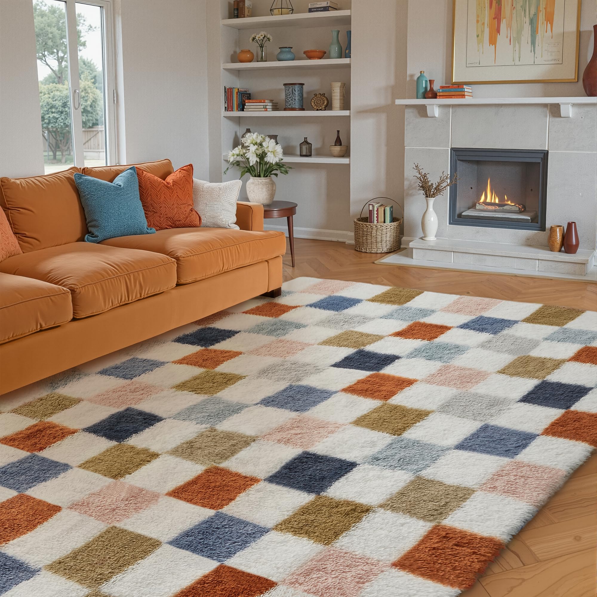 Photo 1 of PureCozy Checkered Rug 5x8 for Living Room, Modern Rainbow Shag Rug Super Soft Washable Indoor Fuzzy Carpet Non-Slip Fluffy Rugs for Bedroom Home Aesthetic Decor