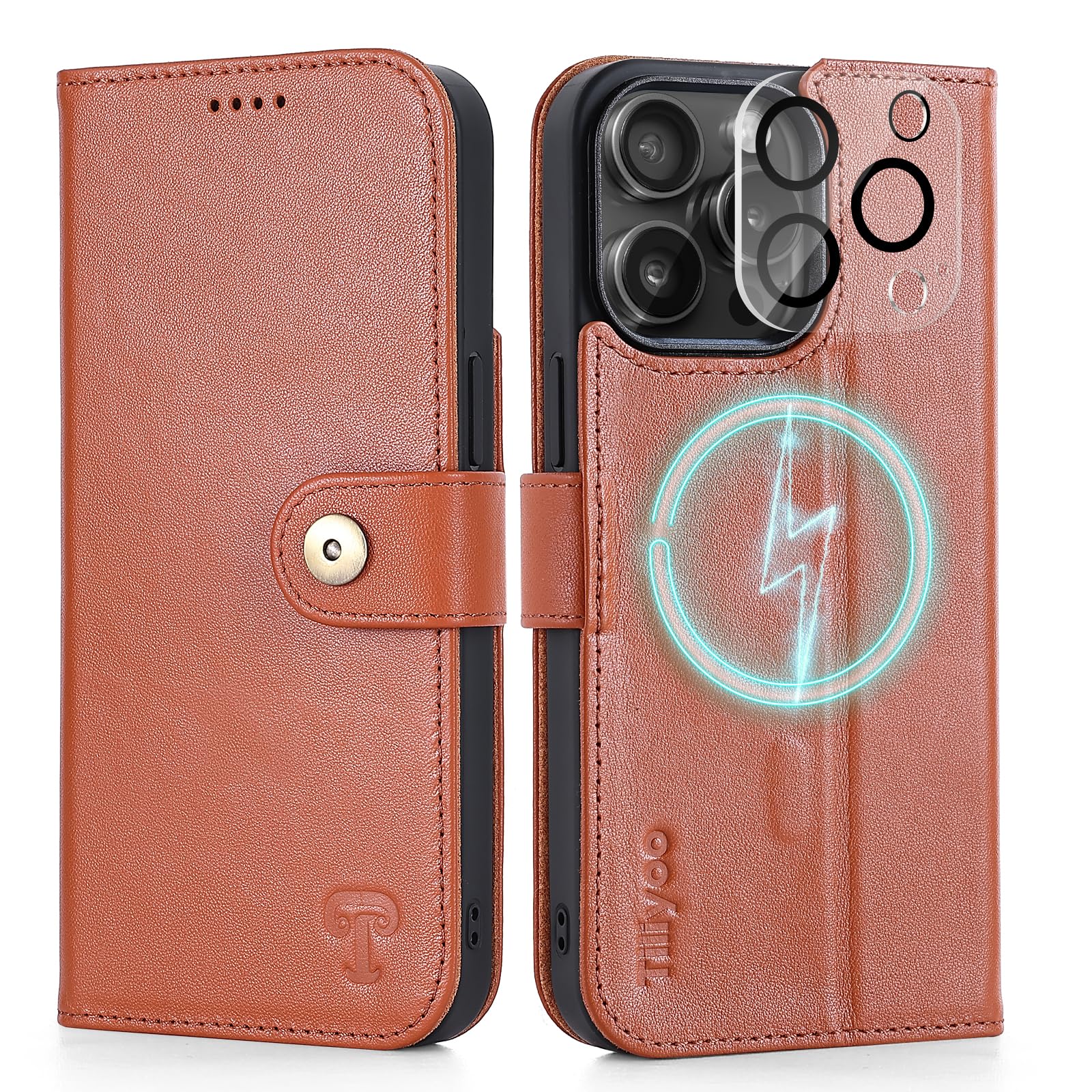 TILIYOO Leather Case with Magsafe for iPhone 15 Pro Max, Top Grain Cowhide Folio Wallet Case Flip Cover with Card Cash Slots,Button Clip Clasp Magnetic Closure & Kickstand 6.7'',New Brown