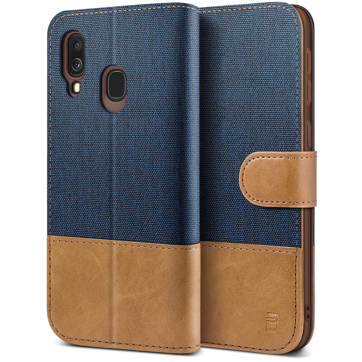 BEZ Samsung A40 Phone Case, Samsung Galaxy A40 Case Compatible for Samsung Galaxy A40, Wallet Cover [Canvas Faux Leather] with Credit Card Holders, Kick Stand, Magnetic Strap Closure, Blue Navy