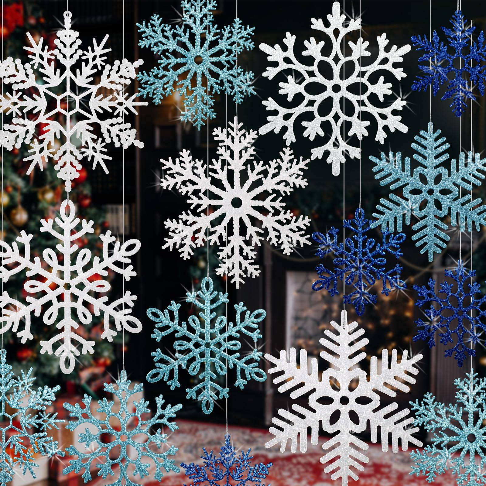 Photo 1 of 24 PCS Large Snowflakes Ornaments - Outdoor Christmas Decor Glitter Giant Hanging Snowflake Decorations for Indoor Outdoor Christmas Tree Decorations(White, Blue, Dark Blue)
