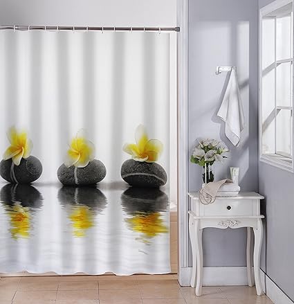 Lushomes Digital Yellow Flower Stones Design Shower Curtain with 12 Eyelets and 12 Hooks (Single pc, 71 x 78, 180 x 200 cms)