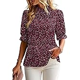 ZILIN Women's Summer Boho Floral Shirt Top Ruffle Mock Neck Puff Short Sleeve 2026 Casual Blouses