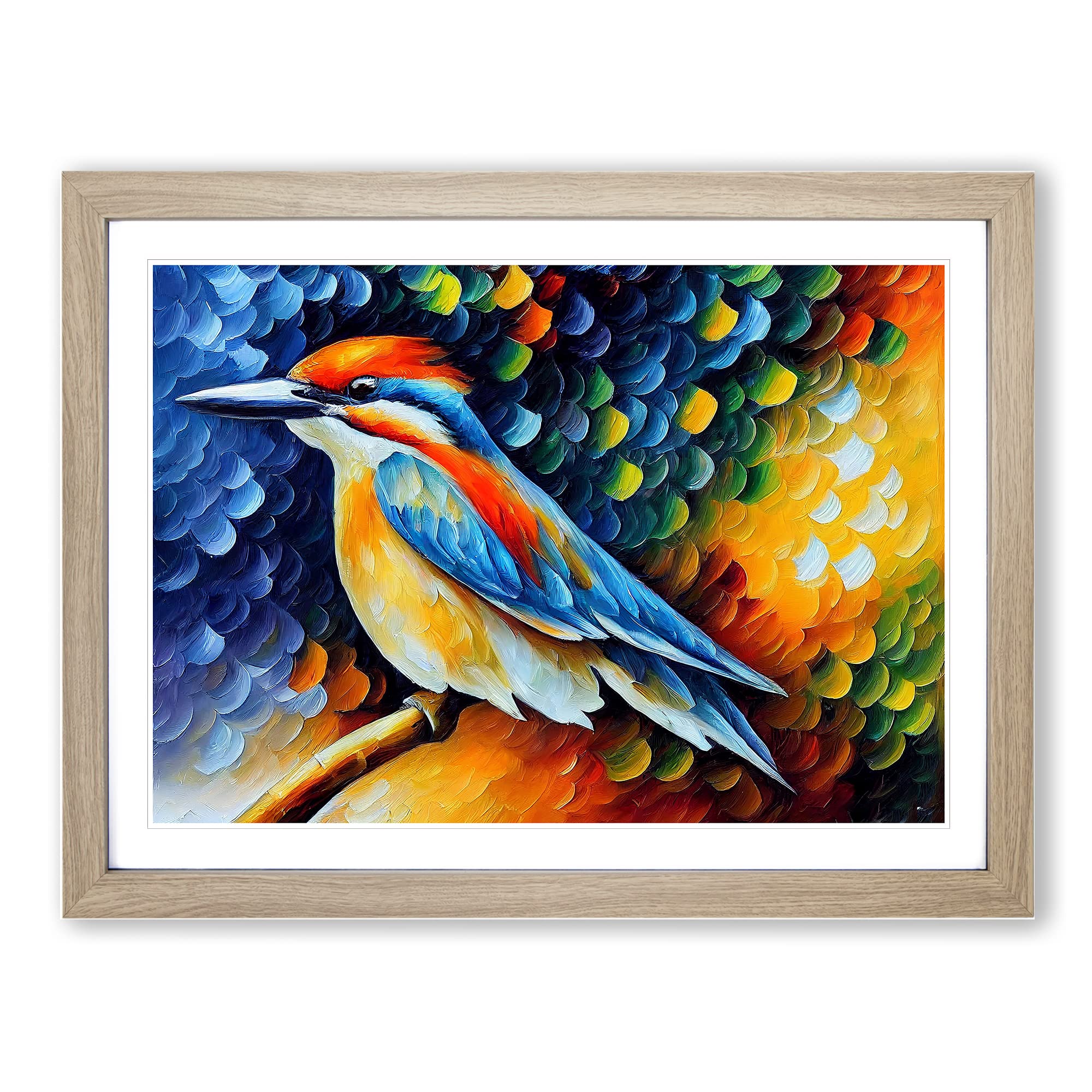 Kingfisher Bird Painting Vol.2 Abstract Framed Print | A4 Oak Framed Wall Art | Ready to Hang | Abstract Historical Picture | Living Room Bedroom Lounge Office