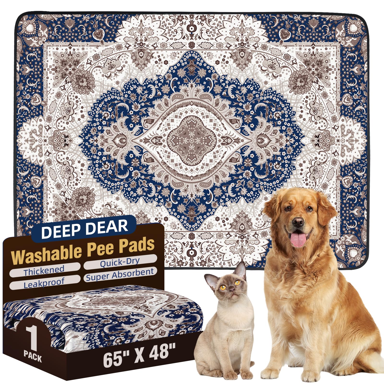 Photo 1 of DEEP DEAR Washable Pee Pads for Dogs 65"x48" (1 Pc), Reusable Dog Pee Pads Extra Large, Super Absorbent Puppy Pads XXL, Waterproof & Leak-Proof Dog Potty Training Pads, Non-Slip Pet Incontinence Pads