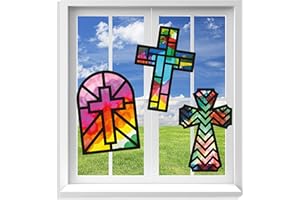 VHALE Suncatchers Craft 3 Sets (9 Cutouts) w Tissue Papers Stained Glass Effect Paper Sun Catcher Kit, Window Art, Classroom Crafts, Creative Art Projects, Kids Party Favors (Cross)