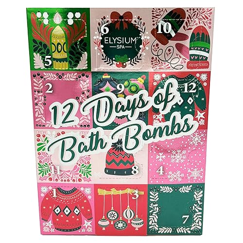 Elysium Spa Christmas Advent Calendar | 12 Days of Bath Bombs | 4 Festive Scents - Stocking Filler Gift Set | Christmas Gifts for Women (12 Scented Bath Bombs)