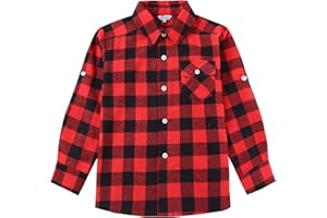 Bienzoe Boys Flannel Shirt for Son: Button Down Long Sleeve Casual Plaid Shirts