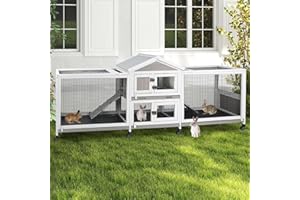 PetsCosset Double Rabbit Hutch Outdoor Indoor Large Bunny Cage with Dual Side Runs, 2-Story Wooden Hutch with 4 Leak Proof Trays, 8 Wheels, Waterproof Roof, Ramp, for Small to Medium Animals