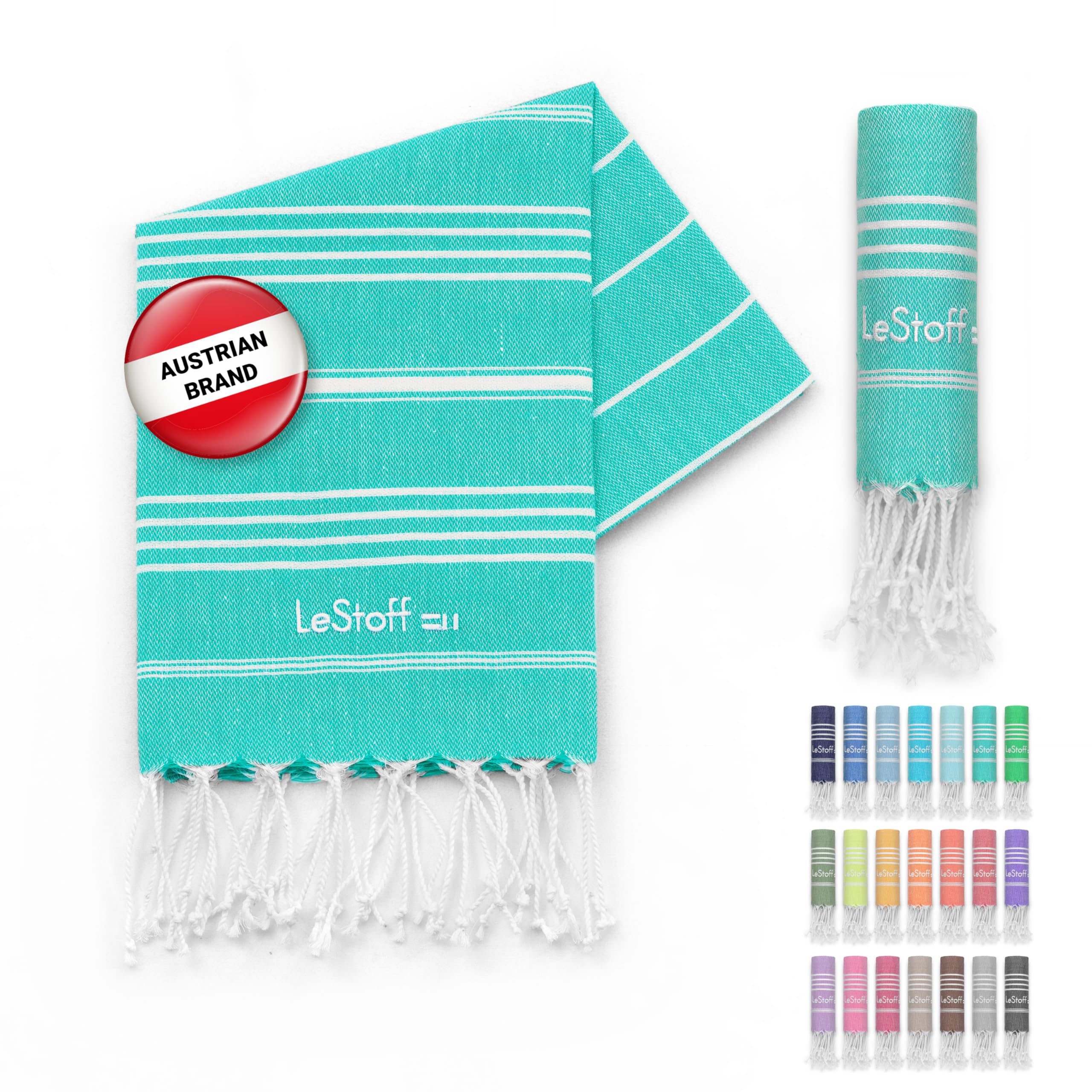 LeStoff Premium Hammam Towel - 100% Organic Cotton - Pre-washed Sustainable Absorbent & Quick-drying - Beach, Bath, Shower, Yoga, Spa & Travel Towel (50 x 100 cm, Turquoise)