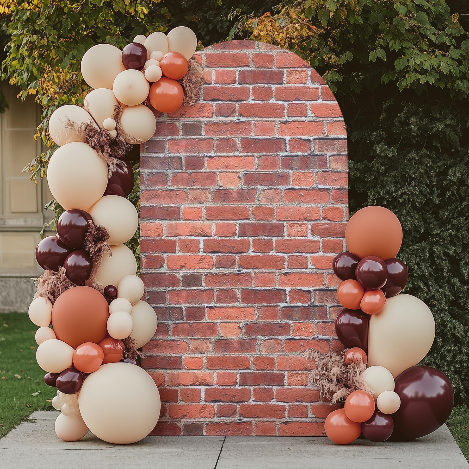 Photo 1 of Chiara 7.2FT Red Brick Arch Backdrop Spandex, Wrinkle Free Fitted Arch Background Cover for Farmhouse Style Vintage 2-Sided Round Top Wedding Photography Birthday Baby Shower