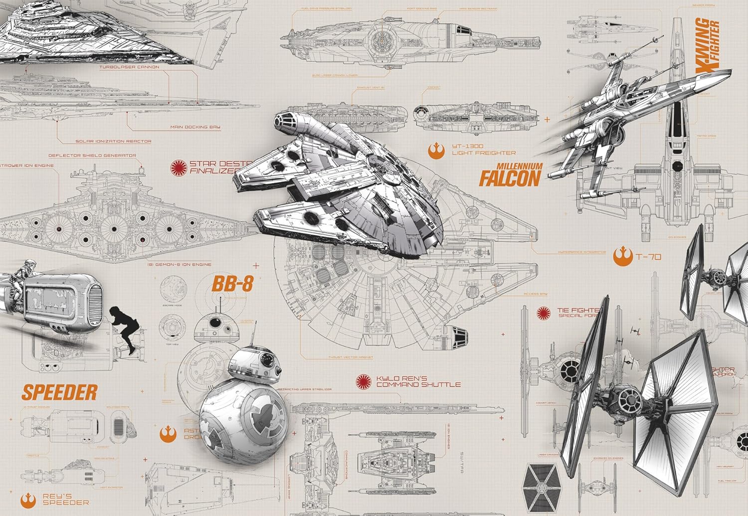 Komar "Star Wars Blueprints Wallpaper Mural, Multi-Colour, 8-Piece, Multicoloured, 254 x 368 cm - Image 3