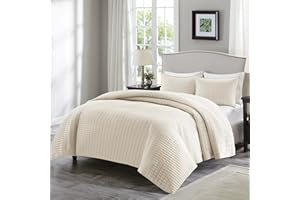 Comfort Spaces Kienna Quilt Set-Luxury Double Sided Stitching Design Summer Blanket, Lightweight, Soft, All Season Bedding Layer, Matching Sham, Ivory, Coverlet King/Cal King(104"x90") 3 Piece
