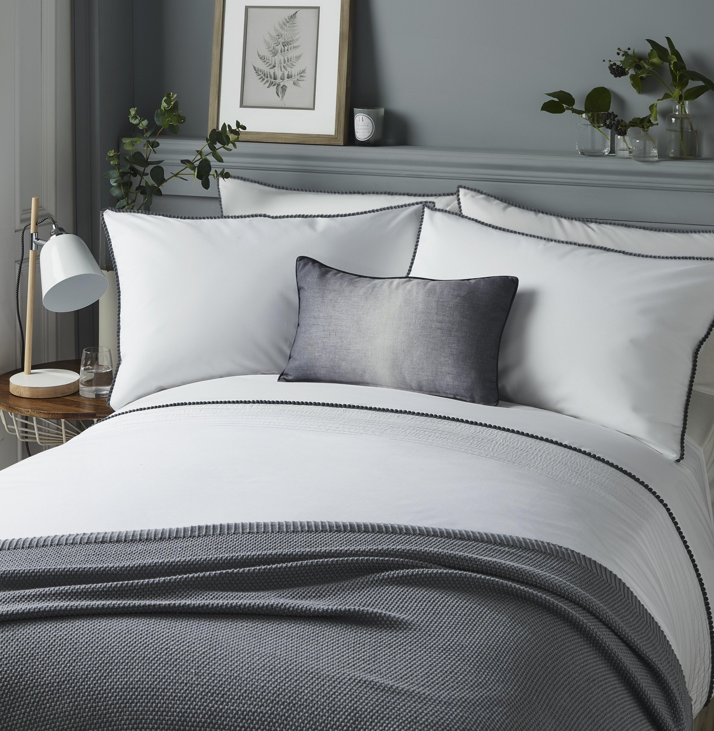 Serene - Pom Pom - Easy Care Duvet Cover Set | Single Bed Size | White Bedding with Grey Pom Poms