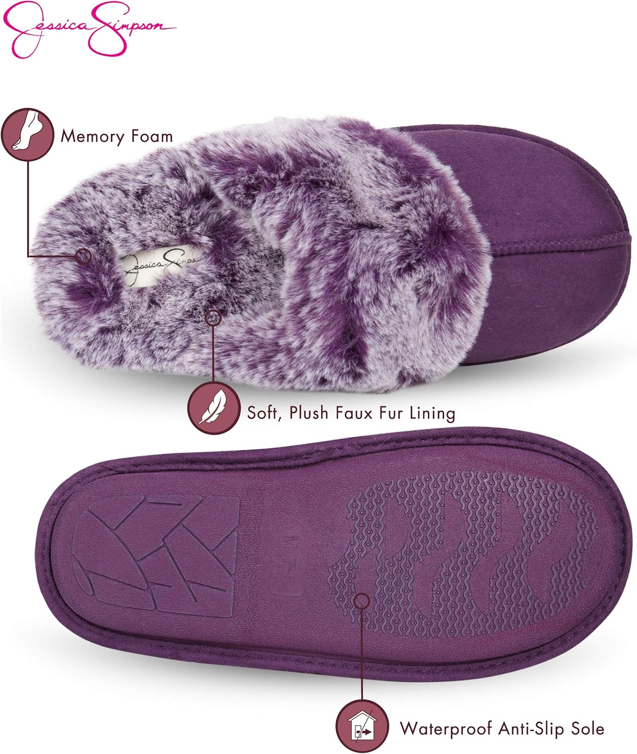  | Jessica Simpson Girls Comfy Slippers - Cute Faux Fur Slip-on Shoes Memory Foam House Slipper | Slippers