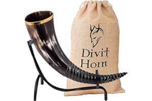 Divit Genuine Viking Drinking Horn with Iron Stand | Authentic Medieval Beer Drinking Horn | Brass Adornments & Burlap Gift S