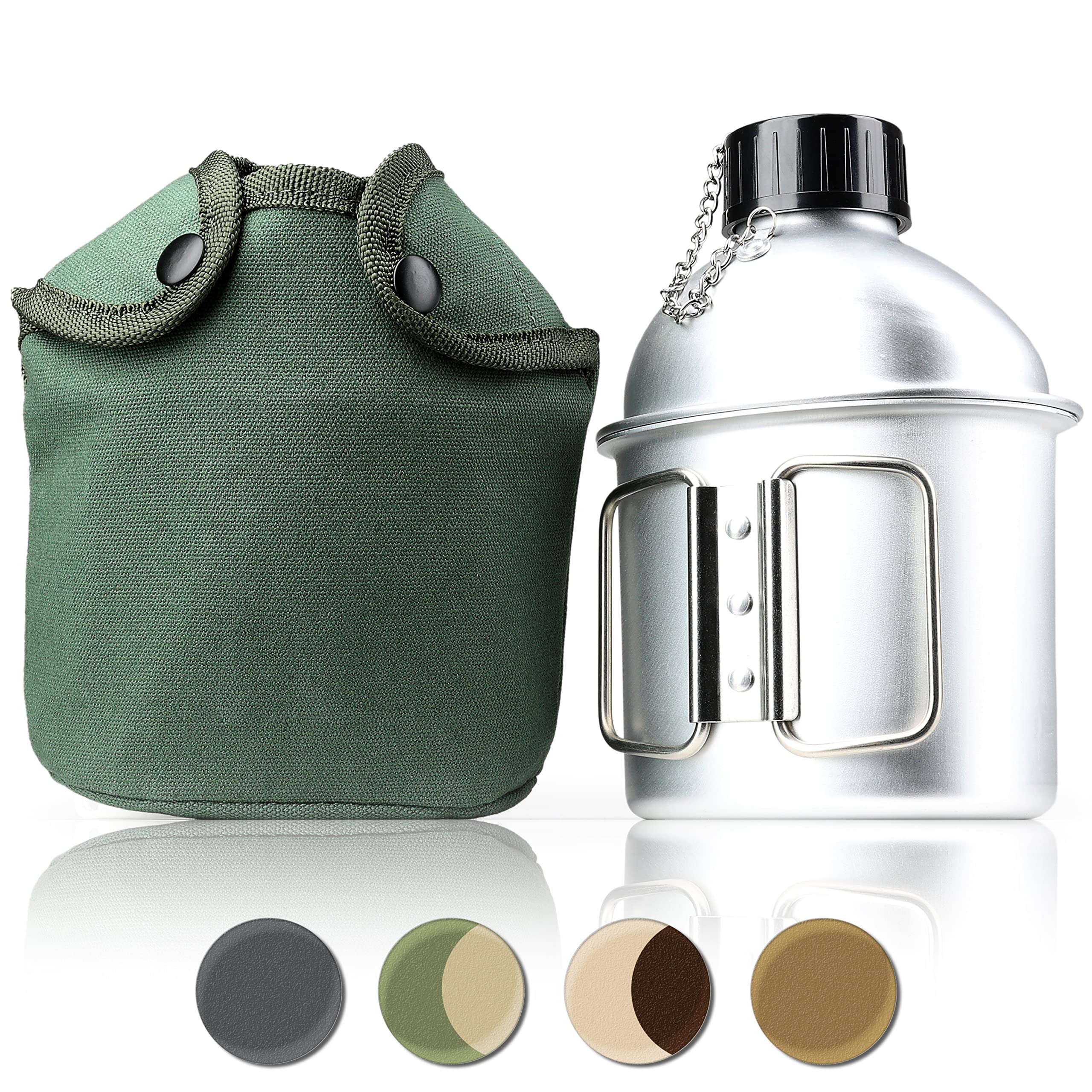Aluminium Water Bottle 1 Litre Aluminium Drinks Pot (Cooking Container) Army Canteen Travel Bottle + Fabric Pouch Army Green – Ganzoo
