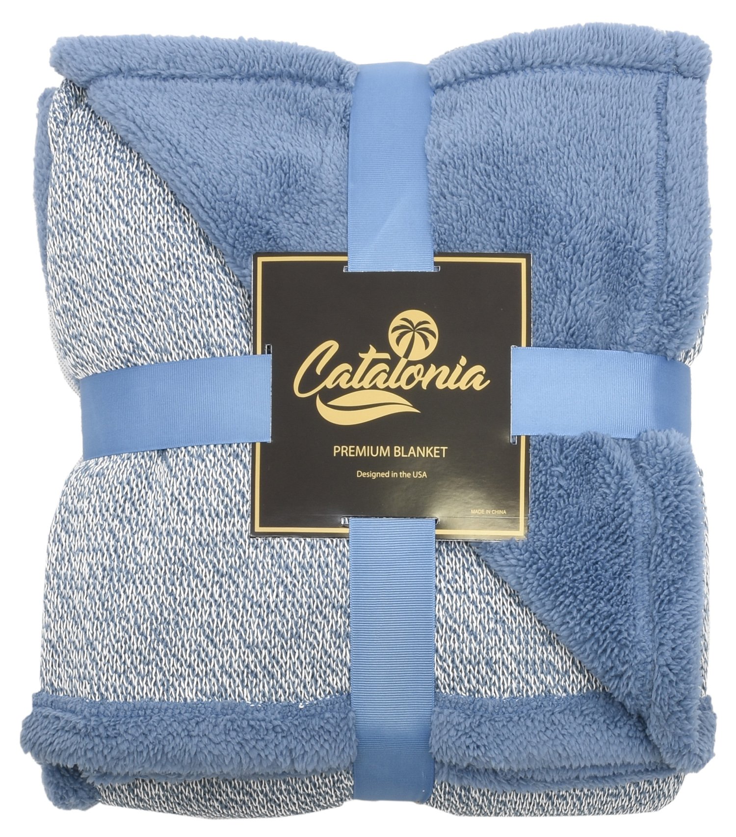 Cabe Knit Sherpa Throw Blanket,Premium Reversible Super Soft Couch Blanket with Fleece Lining All Season Gift Blanket 50X60 By Catalonia Blue