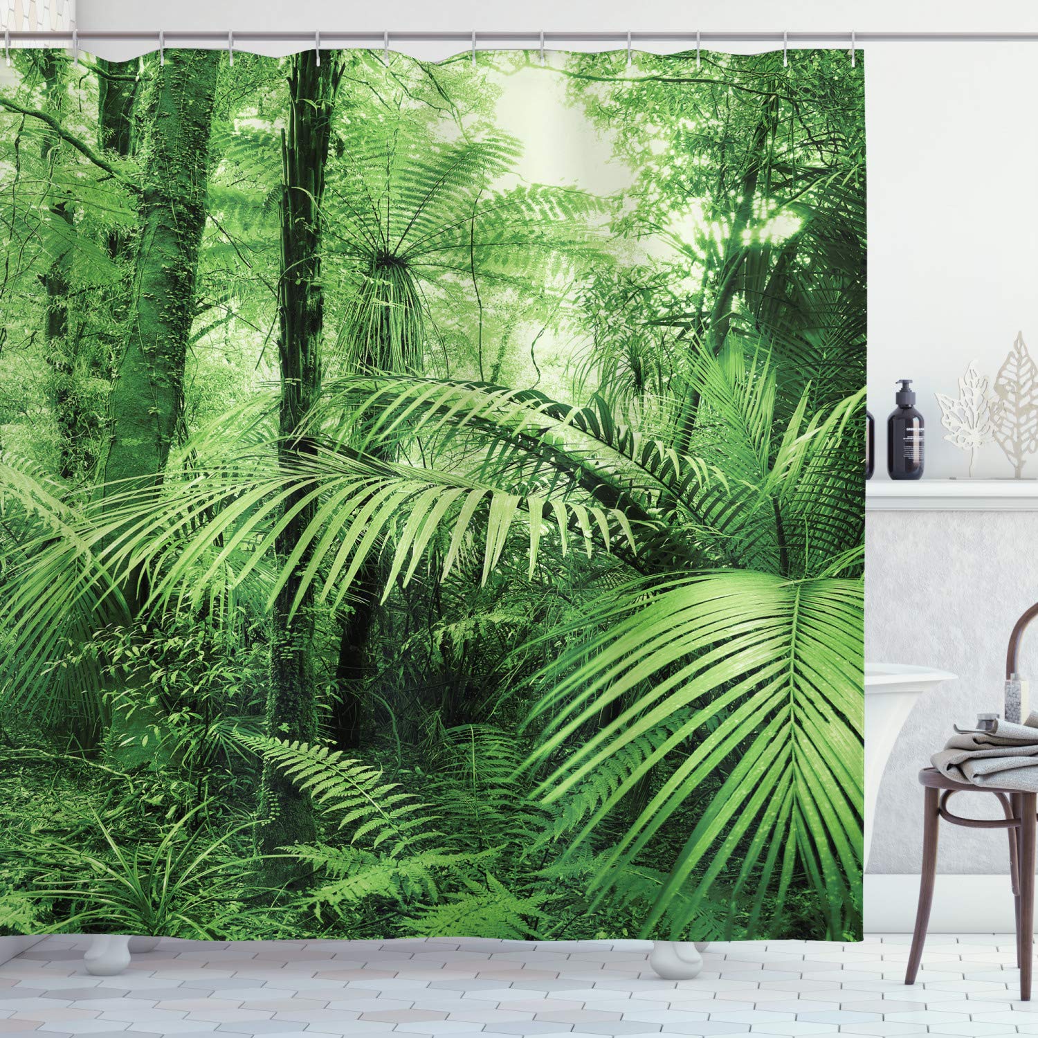 ABAKUHAUS Rainforest Shower Curtain, Palm Trees and Exotic Plants in Tropical Jungle Wild Nature Theme Illustration, Cloth Fabric Bathroom Decor Set with Hooks, 86 Inches Extra Long, Green
