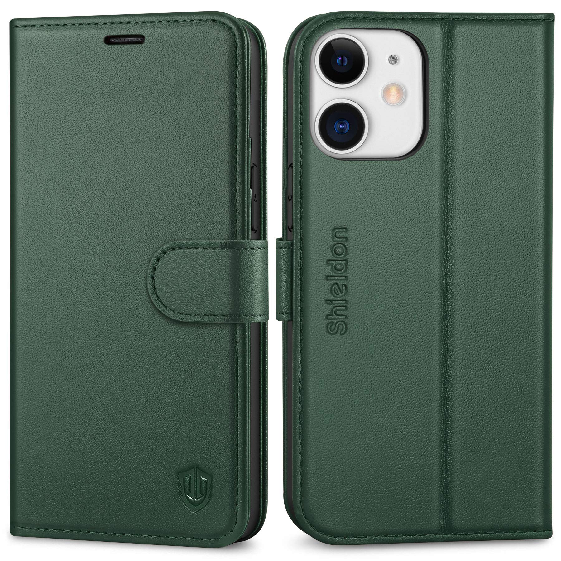 SHIELDON Case for iPhone 12 Mini, Genuine Leather Wallet Case with RFID Blocking, TPU Shell, Kickstand, Card Holder, Folio Cover Compatible with iPhone 12 Mini, 5.4 Inches, Midnight Green