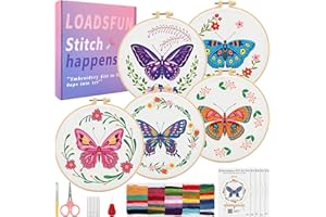 LOADSFUN 5 Pack Embroidery Kit for Beginners - Needlepoint Kits for Adults Step by Step Instructions with Video Tutorials, Full Craft Tool Set with Hoop, Needles and Threads (Butterfly)