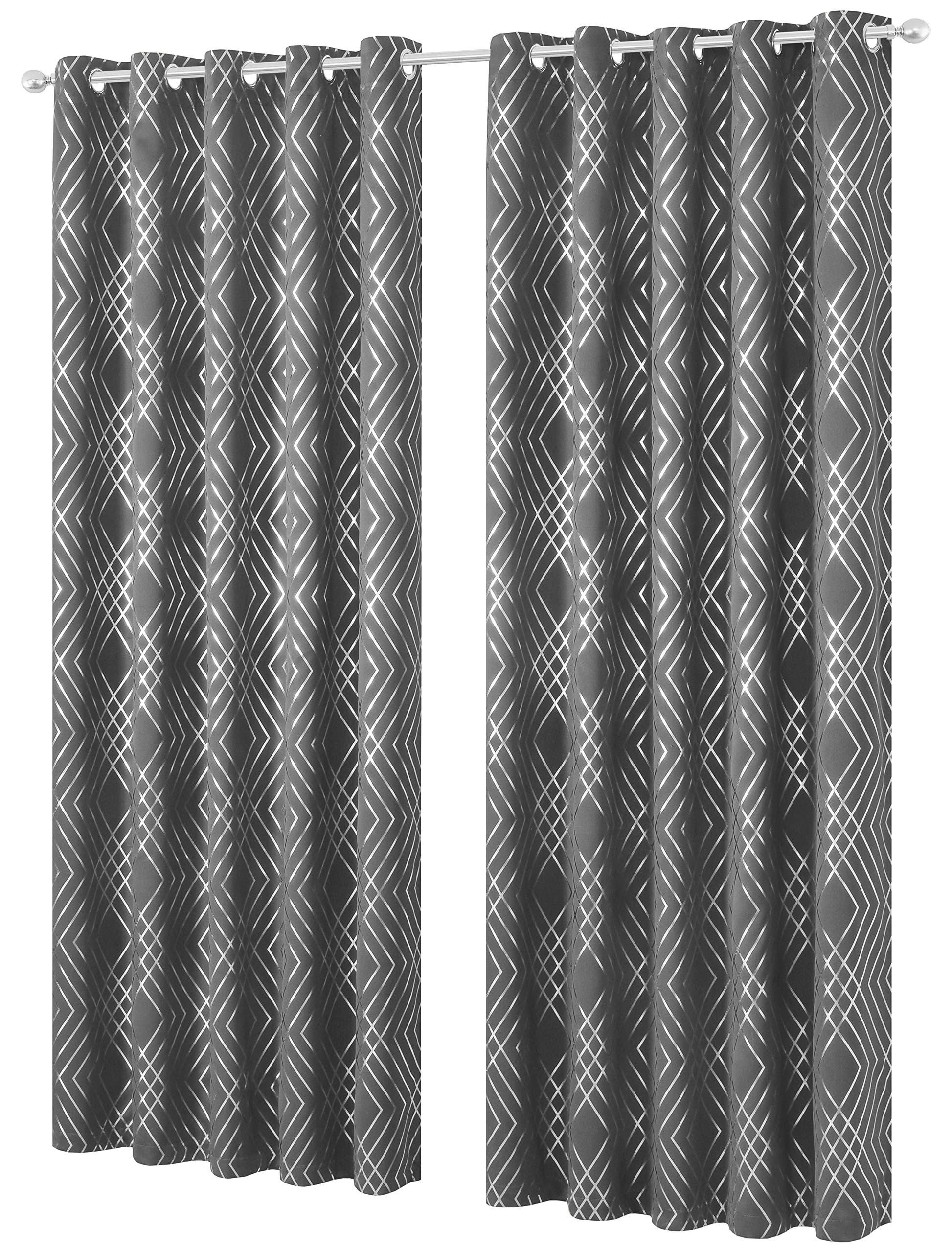 Olivia Rocco Geo Blackout Eyelet Curtains Metallic Printed Thermal Insulated Ring Top Black Out Curtain Pair Room Darkening Window Treatment For Living And Bedroom, Silver 55 x 54