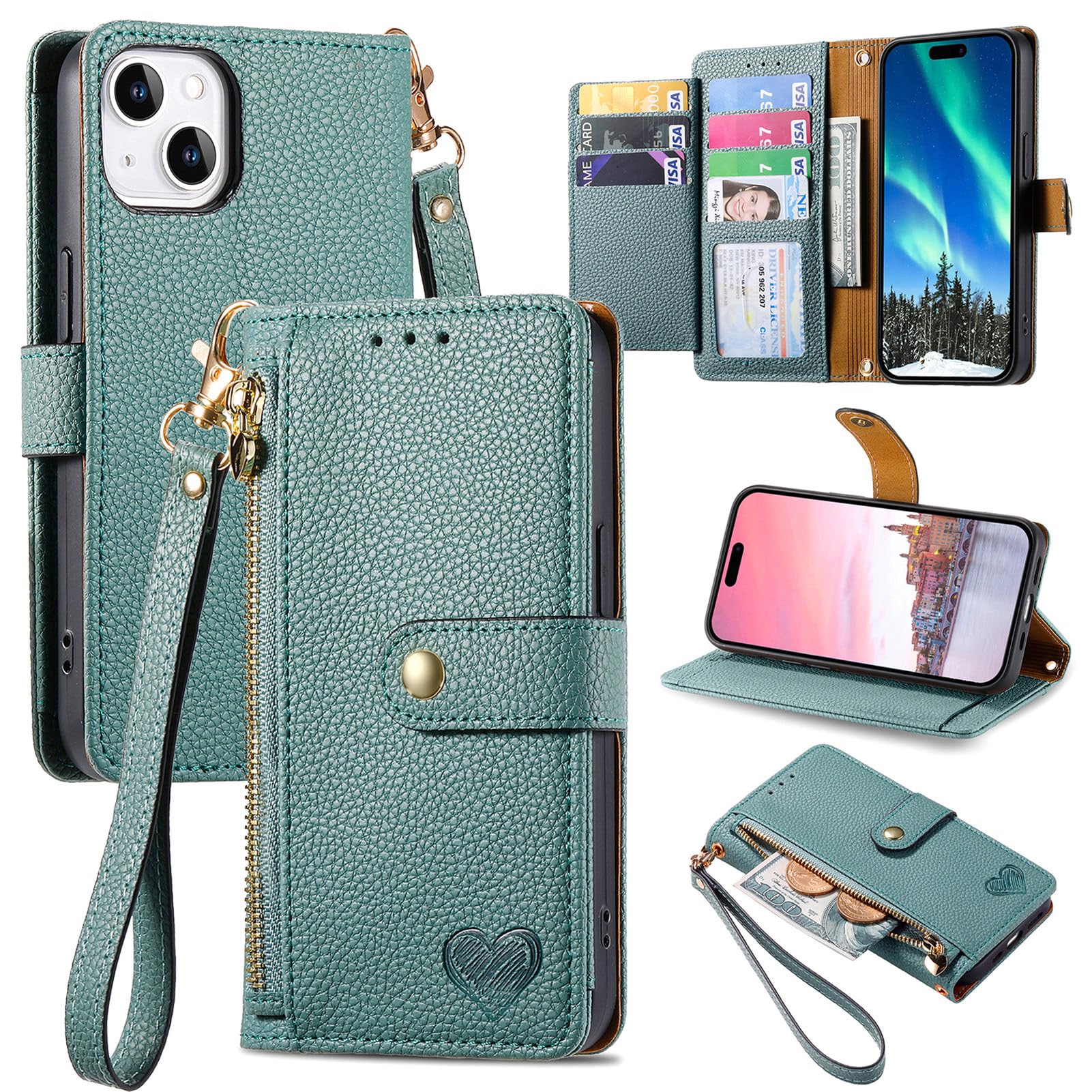 VEEMOS Zipper Wallet Case for Apple iPhone 14 Plus Phone Case with Purse Card Holders RFID Blocking Leather Flip Case Book Cover Wrist Strap Women - Green