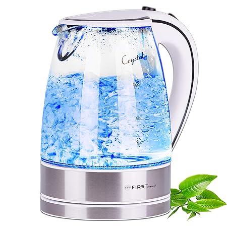TZS First Austria - 2200 Watt Glas Edelstahl Wasserkocher 1,7 Liter blaue LED Beleuchtung 360 Grad, kabellos, Kalkfilter, BPA