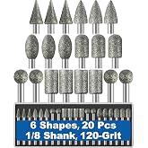 20Pcs 120-Grit Diamond Grinder Bit 1/8" Shank Compatible with Dremel Rotary Tool Attachment Accessories Grinding Burrs for Stone Glass Resin Porcelain Ceramic Quartz Glaze Steel Carve Engrave Polish