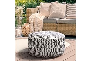 510 Design Inflatable Ottoman Stool Portable Round Pouf, Handle, Inflatable Foot Rest, Weatherproof & Water Repellent Indoor/Outdoor Ottomans for Patio Garden, Camping, Pool, D21 x 9" H, Black/White