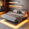 Feonase Full Size Floating Bed Frame with Charging Station and Led Lights, Metal Bed Frame with Heavy Duty Steel Slats Supports, No Box Spring Needed, Easy Assembly, Black