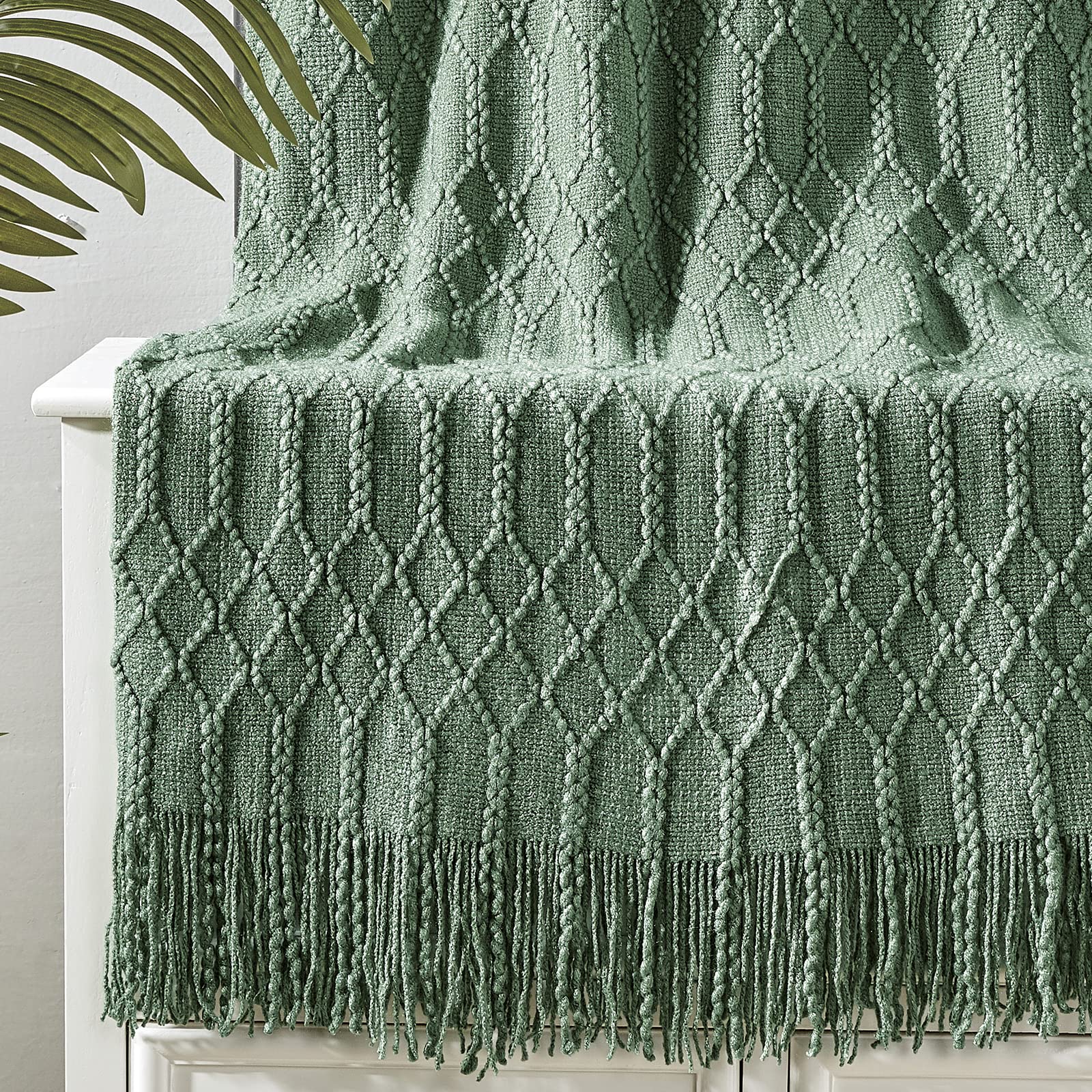 KASYLAN 100% Acrylic Knitted Throw Blanket Textured Solid Soft Decorative Throw for Sofa, Couch, Bed,127x152cm,Green — image 1