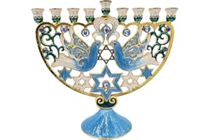 The Dreidel Company Hanukkah Large 12-Inch Tall Menorah Hand Painted Enamel, Star of David Magen David & Blue Bird Design, Hand-Painted Enameled Metal