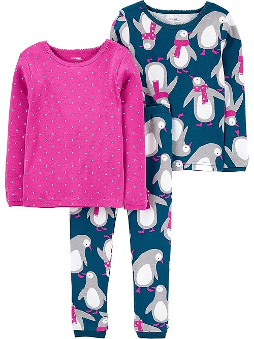 Simple Joys by Carter's Baby 3-Piece Snug-fit Cotton Holiday Pajama Set, Navy Penguin/Pink Dots, 4T