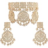 I Jewels Gold Plated Indain Wedding Bollywood Kundan & Pearl Studded Choker Necklace Jewellery Set for Women (K7202-14)
