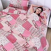 Romantic Patchwork Quilt Set Oversized King Size,Reversible Bedspread Coverlet 3-Piece,Floral Bed Cover Set with Pillow Shams,Lightweight Microfiber Bedding Set for All Season (Hot Pink,114x102)
