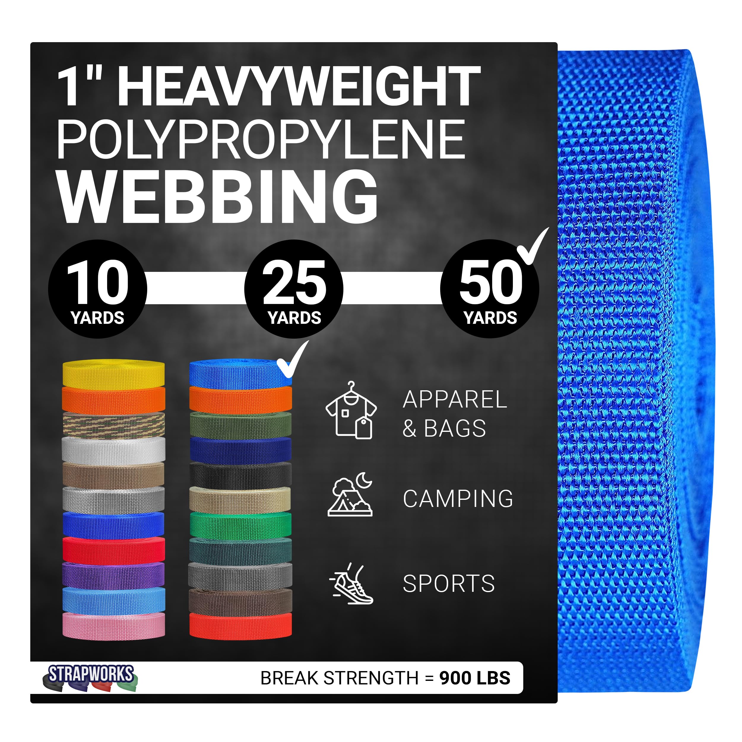 Strapworks Heavyweight Polypropylene Webbing - Heavy Duty Poly Strapping for Outdoor DIY Gear Repair, 1 Inch x 50 Yards - Pacific Blue