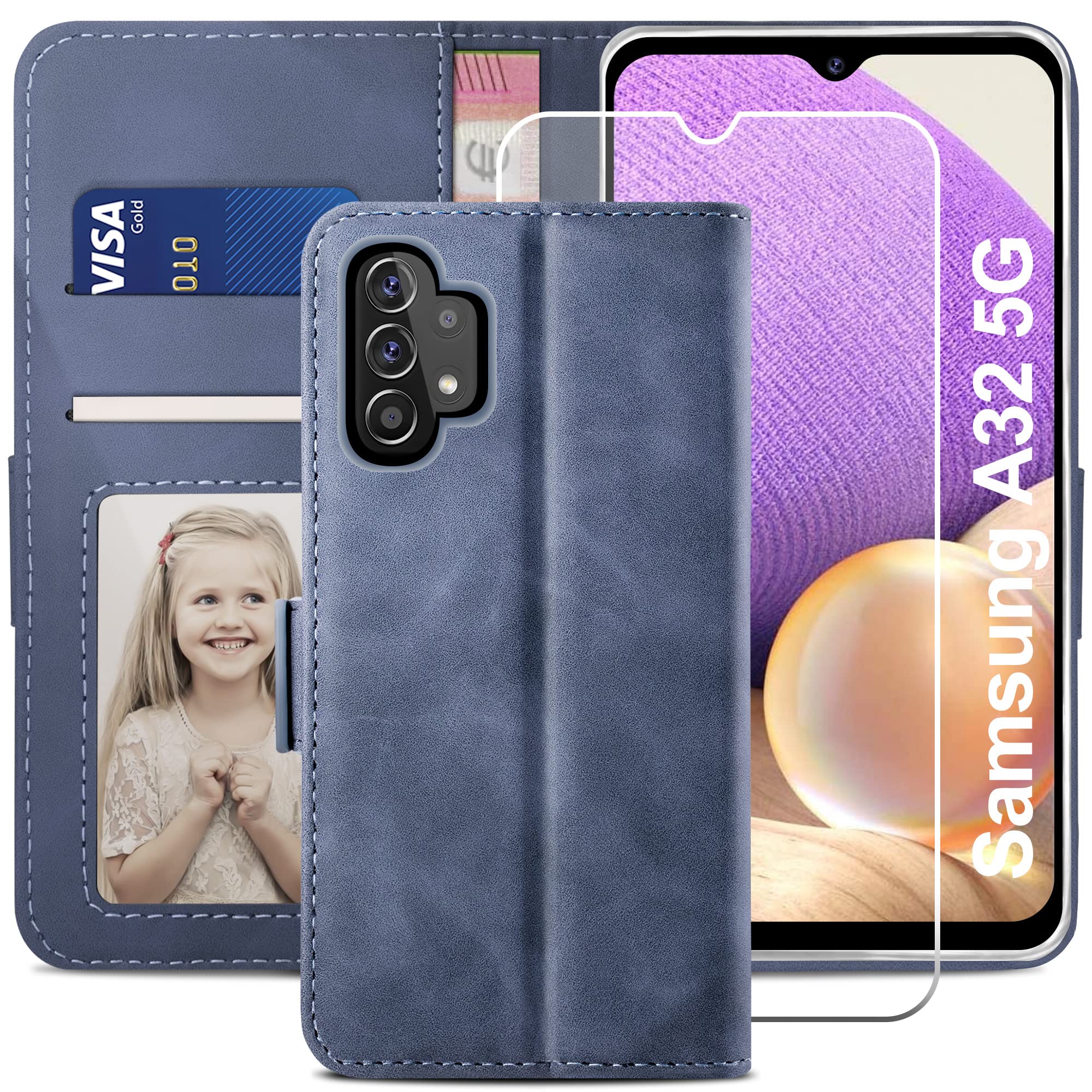YATWIN Compatible with Samsung Galaxy A32 5G Case, Flip Wallet Leather Case with Tempered Glass Screen Protector and Card Slot Kickstand Phone Cases Cover for Samsung A32 5G - Light Blue — image 1