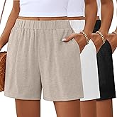 Ficerd 3 Pack Women's Casual Linen Shorts,Pleated High Waist Wide Leg Summer Elastic Comfy Trendy Shorts with Pockets