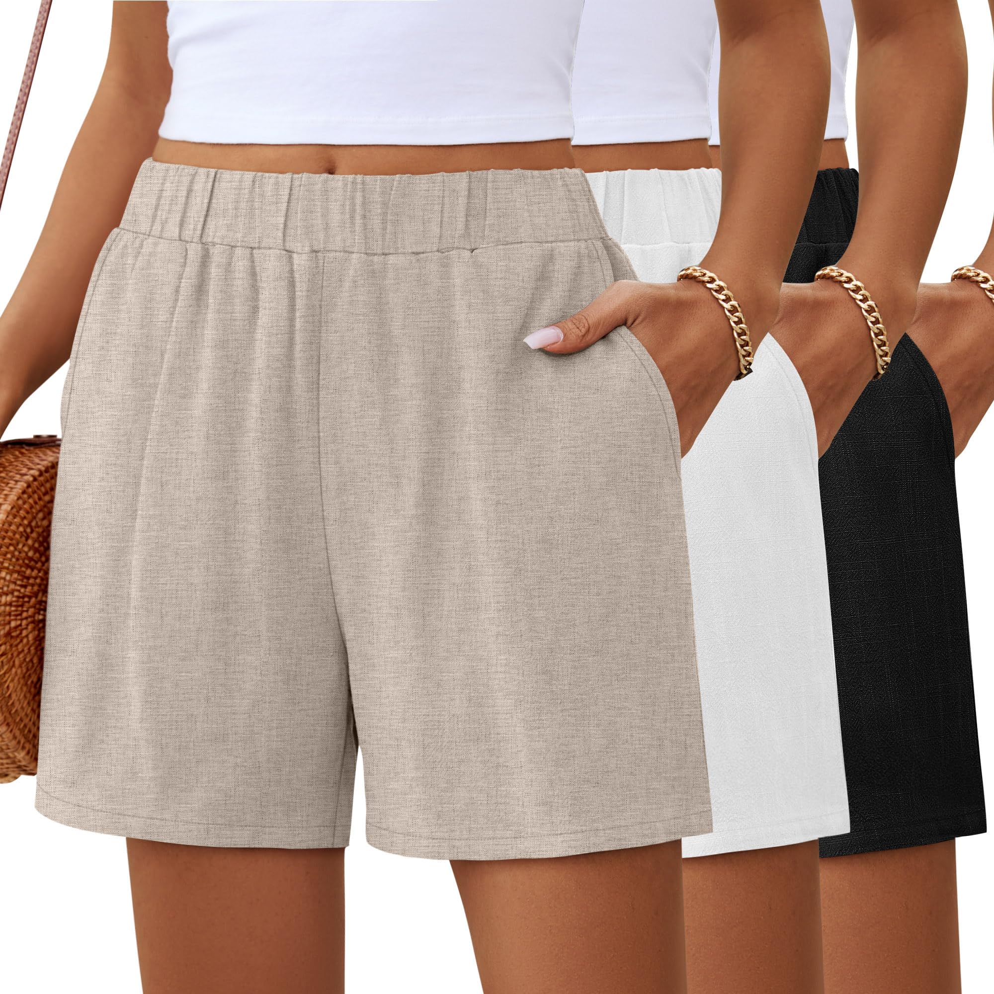 Photo 1 of ** ONLY 1 WHITE COLORED SHORTS** Ficerd 3 Pack Women's Casual Linen Shorts,Pleated High Waist Wide Leg Summer Elastic Comfy Trendy Shorts with Pockets(Black, White, Linen,Medium)