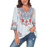 YZXDORWJ Women's Summer Boho Embroidery Mexican Bohemian Tops Shirt Tunic V Neck Blouses