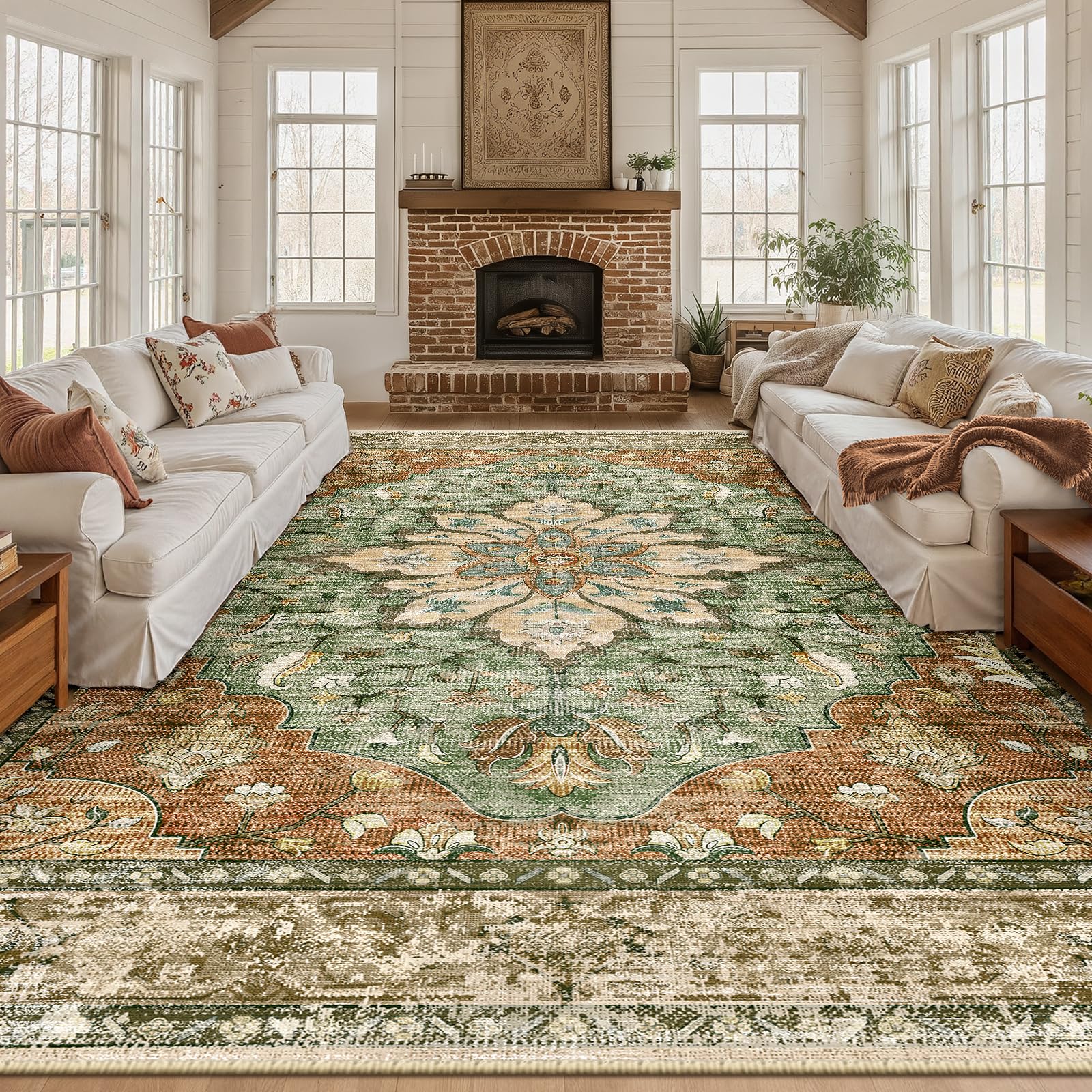 Photo 1 of RELEANY Area Rugs 9'x12' Washable Non-Slip, Floral Vintage Distress Print Pattern Medallion Carpet for Living Room Bedroom Dining Room, Brick Red Rust Neutral Brown Burnt Orange Green