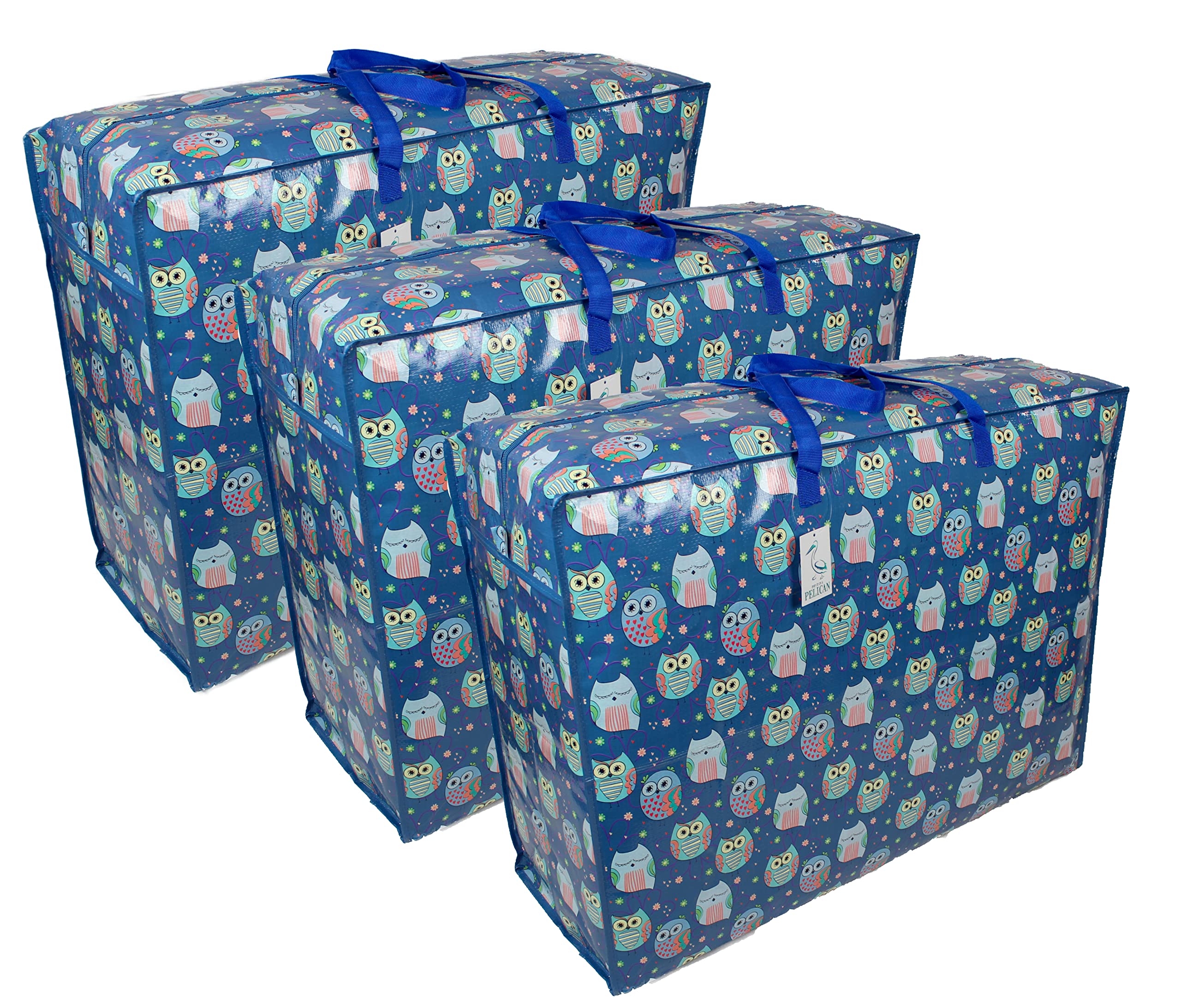 Storage Bags Water & Dust Resistant. Double zipped storage bags for toys, laundry, bedding. Underbed Wardrobe Space Saver Sleepy Owls print (115 ltr 3x Pack)