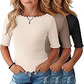 Oakgarden 3 Pack Girl's Half Sleeve T Shirts Kids Ribbed Lettuce Trim Tops Boat Neck Elbow Length Tees for 5-16 Years