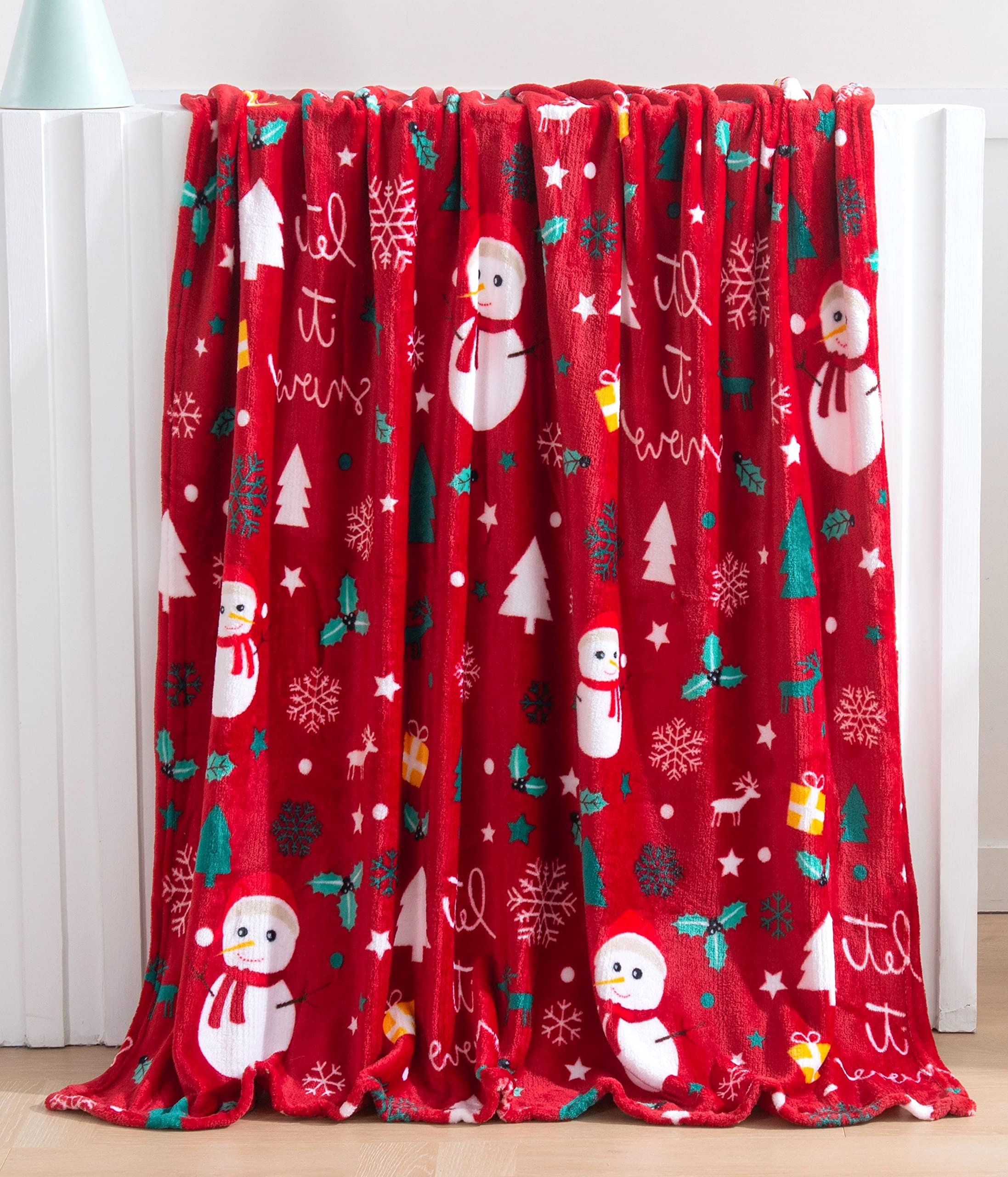 Elegant Comfort Luxury Velvet Super Soft Christmas Prints Fleece Blanket-Holiday Theme Home Décor Fuzzy Warm and Cozy Throws for Winter Bedding, Couch and Gift, 50 x 60 inch, Red Snowman