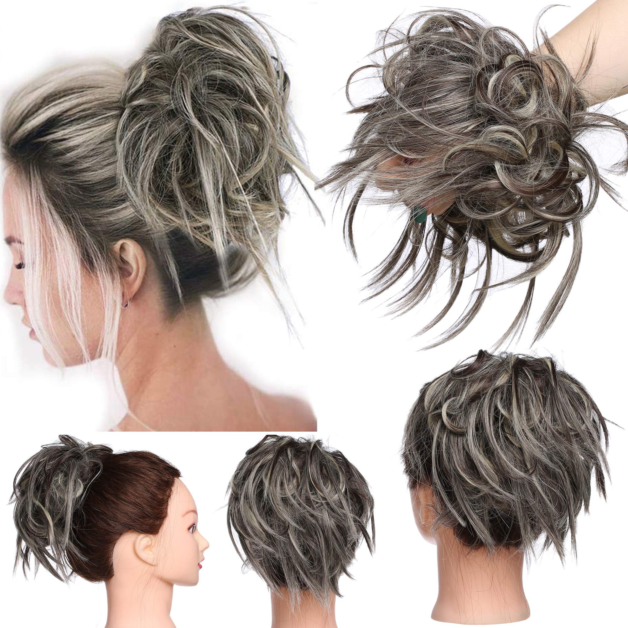 Tousled Updo Messy Bun Hair Piece Scrunchies Hair Synthetic Wavy Bun Extensions Fluffy Updo Scrunchy Chignon with Elastic Rubber Band Wrap on Donut Ponytail Hairpieces Grey Blonde Highlight