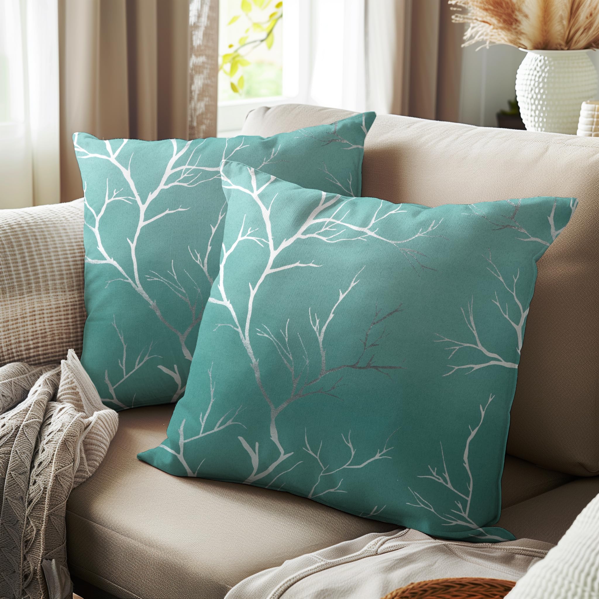 Encasa XO Cushion Covers (40x40 cm, 2pc set) I Twigs Teal I Silver Foil Print on Heavy Soft Satin I Machine Washable I Many sizes & colors — image 1