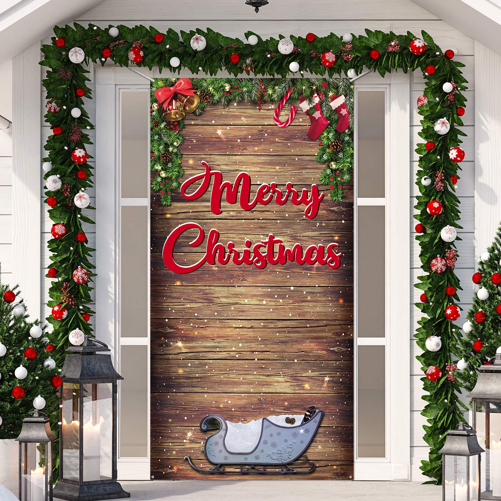 Christmas Party Supplies Merry Christmas Door Cover Fabric Glitter Wood Background Christmas Stocking Backdrop Background Banner for Photo Booth Props New Year Party Decorations 70.9 x 35.4 Inches