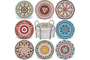 Coasters for Drinks,AODINI Set of 8 Absorbent Stone Coasters for Wooden Table, Mandala Ceramic with Cork Base, Gift for Housewarming Birthday and Family - Great Home and Dining Room Decor