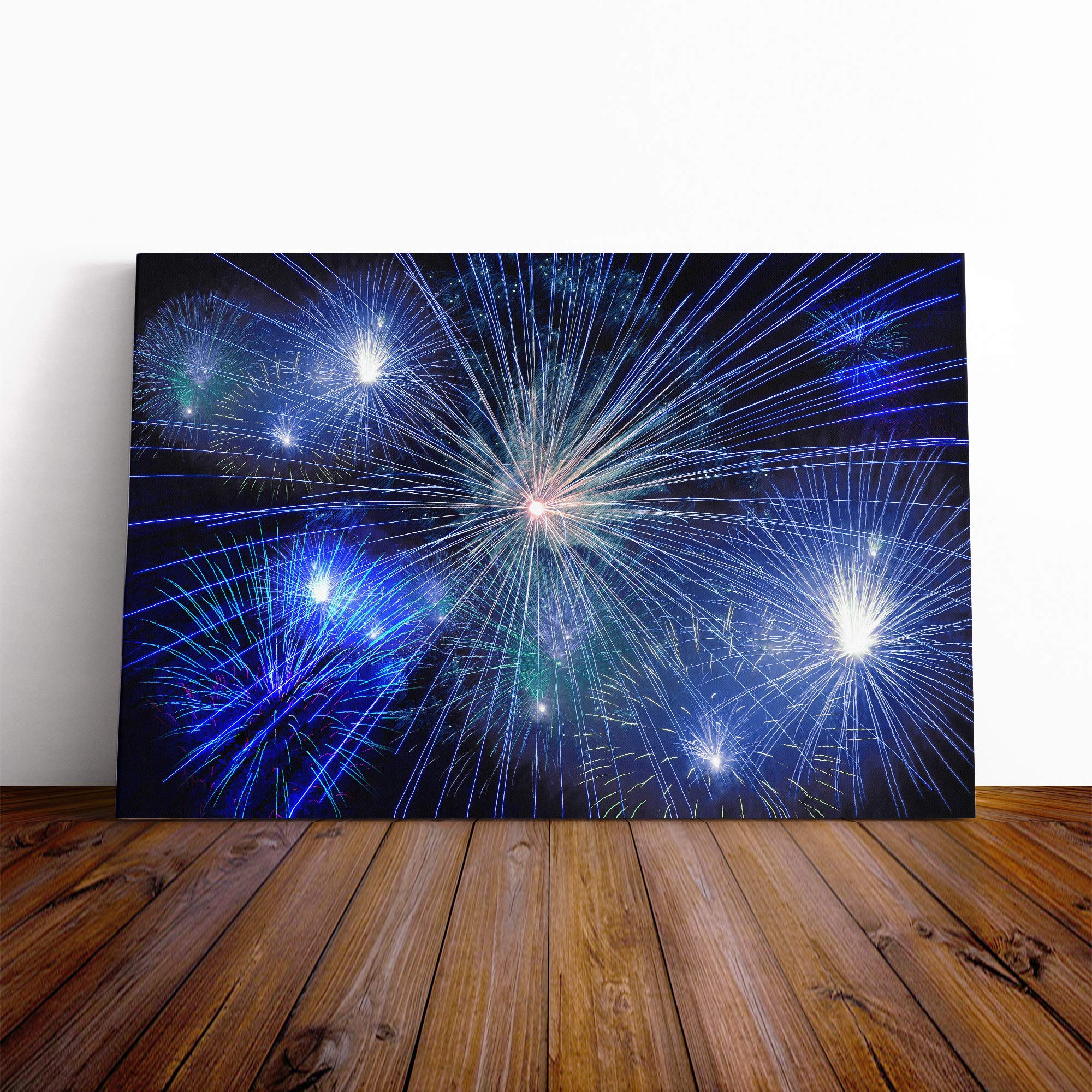 Blue Fireworks at Night (6) Canvas Print | Gallery Wrapped 30mm Frame Wall Art | 20x14 inches | Ready to Hang | Modern Picture | Living Room Bedroom Lounge Office